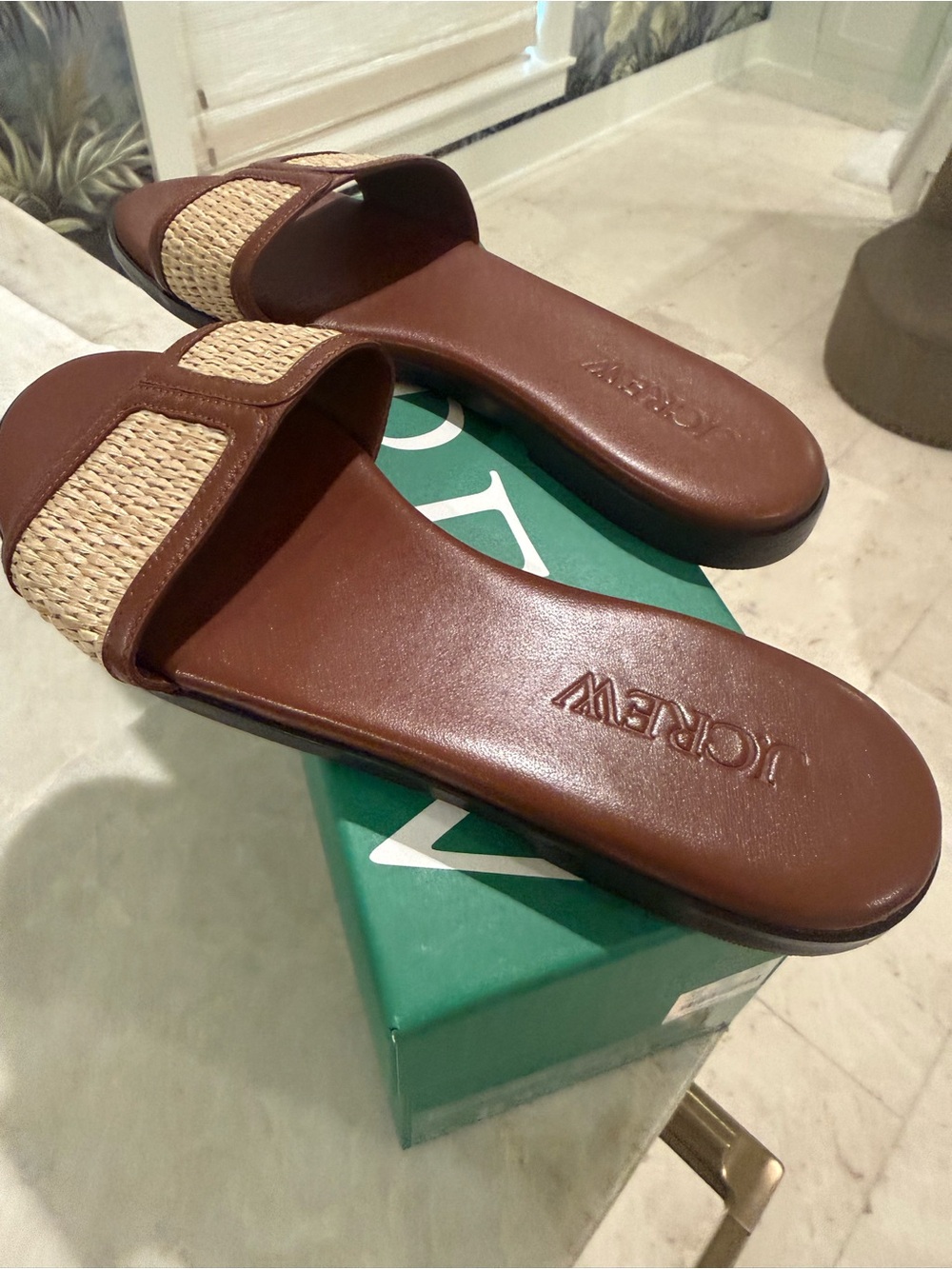 J. Crew Brown Leather Slide Sandals with Natural Woven Strap